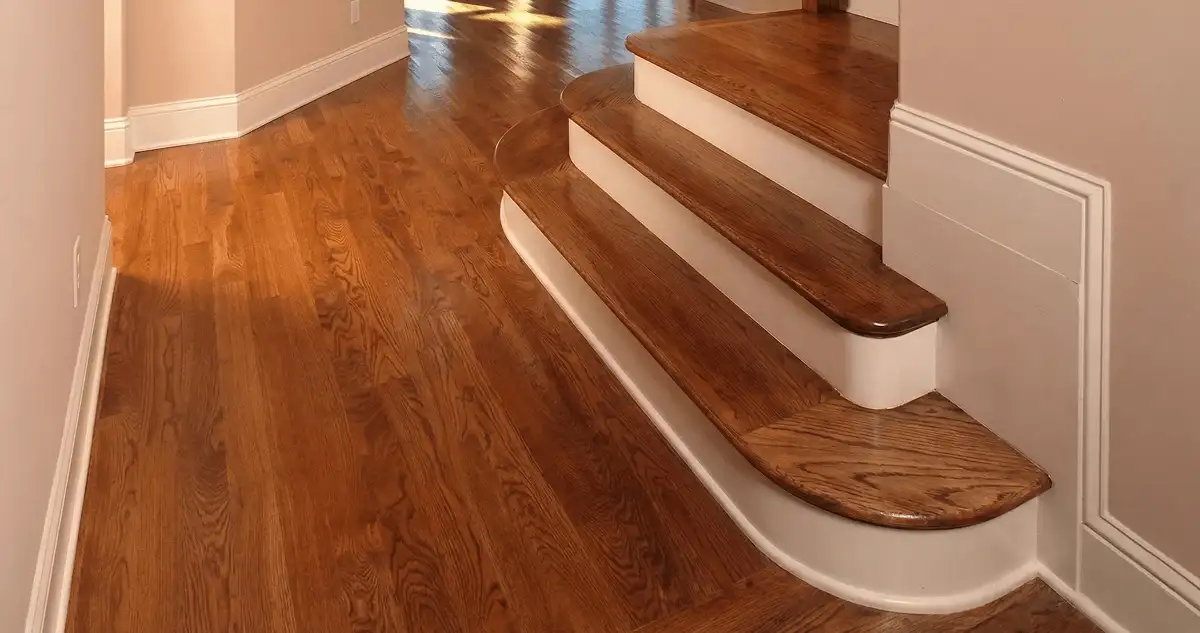Base floor of a staircase with professionally restored wood flooring in Columbus OH