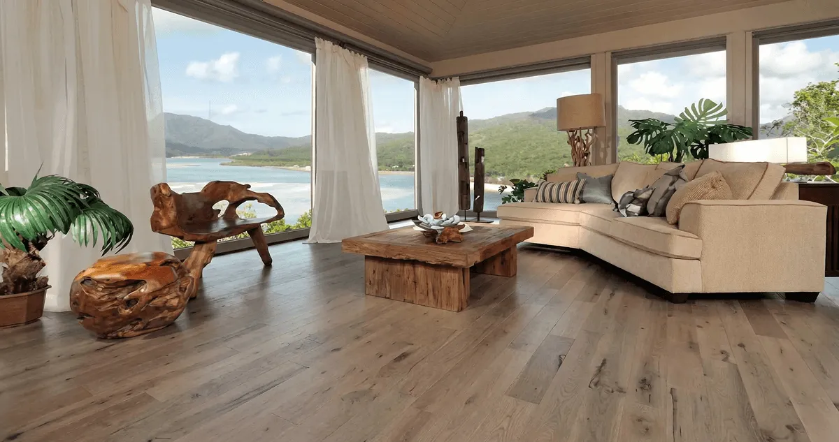 Professionally installed vinyl flooring in a modern living room with large windows in Columbus, OH